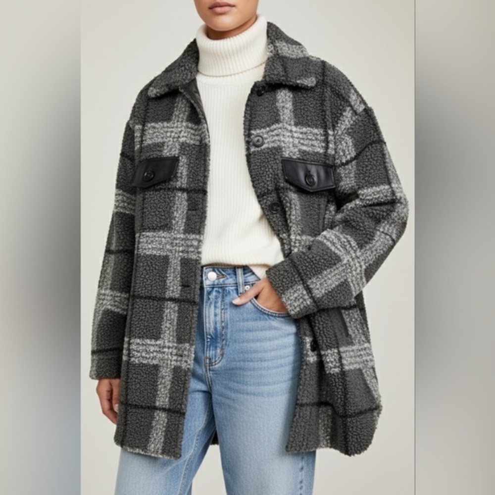 NVLT Plaid Faux Leather Trim Berber Sherpa Teddy Shacket Coat NWOT